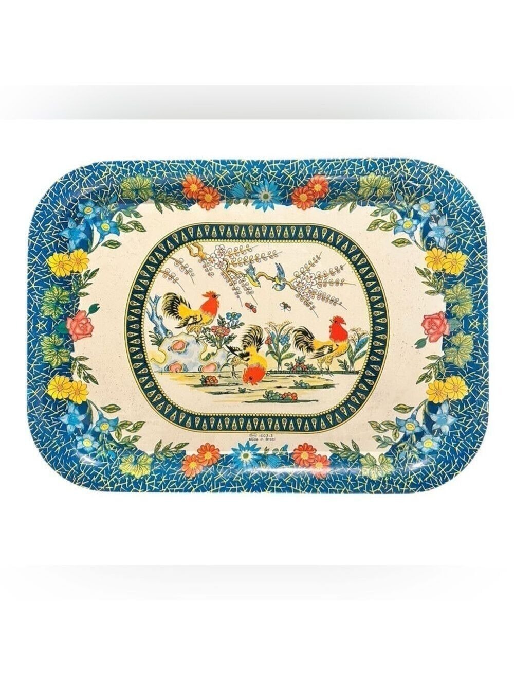 Vintage Meister Metalware Serving Tray Roosters Bluebirds Hens Flowers Brazil